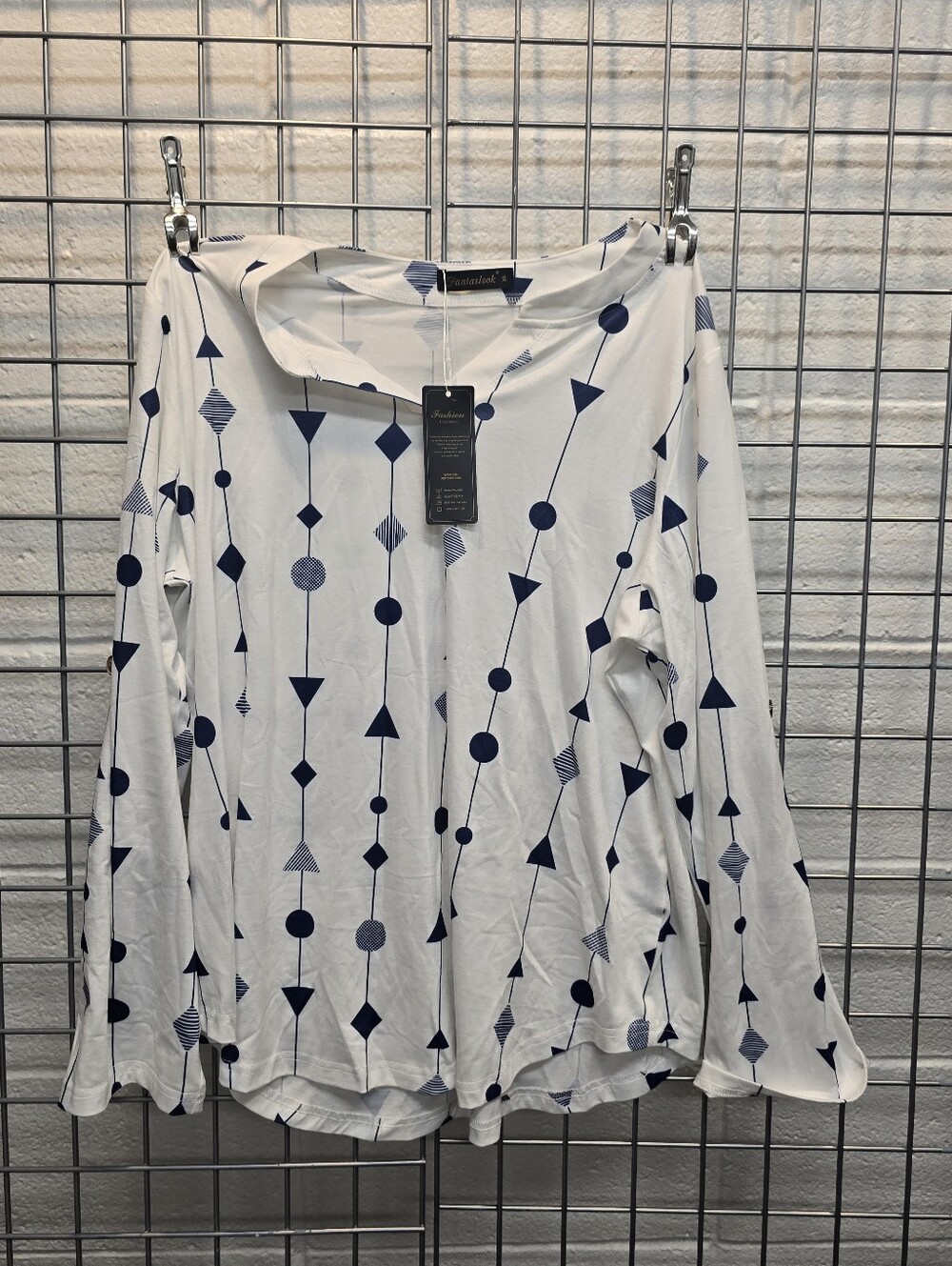 Gentle Fawn White Long-Sleeve Top with Navy Geometric Print